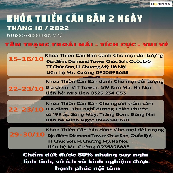 Khoá thiền 2 ngày tháng 10/2022 tại Hà Nội, Đồng Nai 